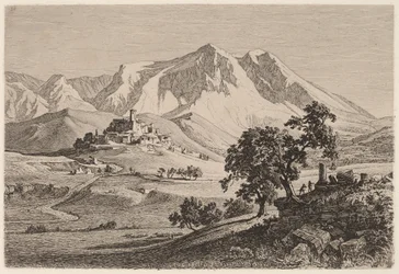 Kilátás Albe és Monte Velino-ra az Abruzziban