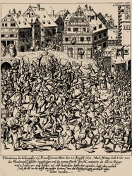 A Fettmilch felkelés. A frankfurti Judengasse kifosztása 1614. augusztus 22-én, kb. 1616-1617