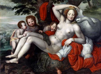 "Léda és a hattyú" - Léda és a hattyú, Pencz, Georg (Jorg) (1500/02-1550), 16. század közepe. - Olaj, fa, 92x126 - Réti Múzeum, Madrid