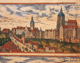 Csehország, Prága, Kilátás a fellegvárra, Georg Braun (1541-1622) és Franz Hogenberg (1535-1590) színes metszet a Civitates Orbis Terrarumból
