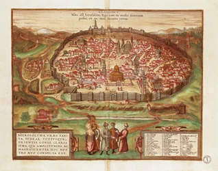 Izrael és Palesztina, Jeruzsálem városa, Georg Braun és Franz Hogenberg, a Civitates Orbis Terrarumtól, színes metszet