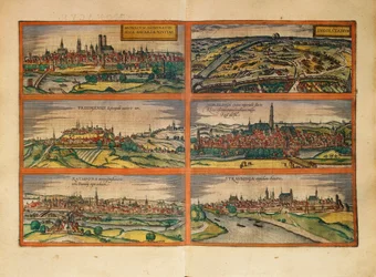 München, Ingolstadt, Freising, Nordlingen, Regensburg és Straubing, Németország térképe a Civitates Orbis Terrarumtól, Georg Braun