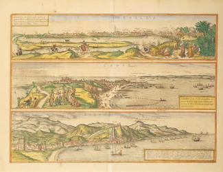Sevilla, Cadiz és Malaga, Spanyolország térképe a Civitates Orbis Terrarumtól, Georg Braun