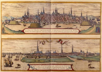 Lübeck városának felülnézetében, Hamburg városa alatt Németországban. Metszet „Braun és Hogenberg” atlaszából, 1572