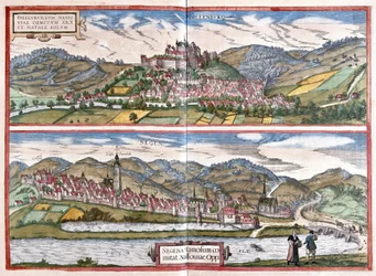 Dillenburg (Hesse) és Siegen (Észak-Rhenania-Westphalia), Németország (metszet).