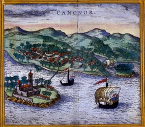 Az indiai Canonor (vagy Cannanore) kilátása Braun és Hogenberg „Civitates Orbis Terrarum” kiadásából