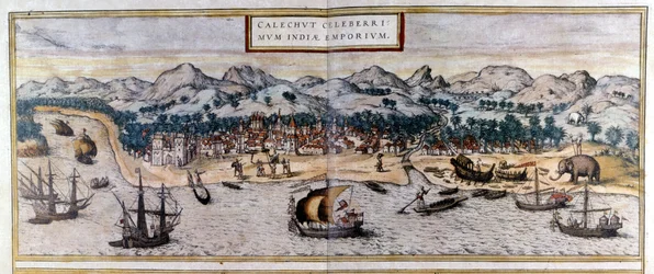 Kozhikode vagy Calicut kilátása Indiában a Braun & Hogenberg „Civitates Orbis Terrarum” atlaszából