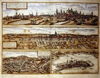 View of the German cities of Nuremberg and Ulm, Salzburg, Austria. Engraving from the Atlas of “Braun and Hogenberg” 1572