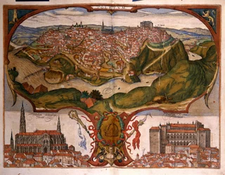 Kilátás Toledo városára a 16. században. Braun György metszete a „Civitatis Orbis Terrarum” I. kötetben, írta Franz Hogenberg (1535-1590)