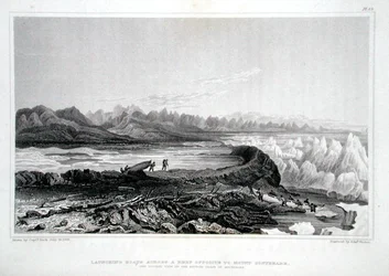 Csónakok vízre bocsátása a Conybeare-hegygel szemközti zátonyon Sir John Franklin (1786-1847) „Narrative of Journey to the Shores of the Polar Sea in the Years 1819-22” című művéből, amelyet Edward Finden (1791-1857) vésett, 1823-ban jelent meg. -28 (színe