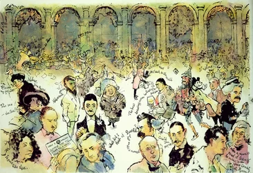 Híres arcok Florianuson kívül a Piazza San Marco-n, Velence, 1990 körül (gouache, farostlemez, tintával acetát fedőrétegen)