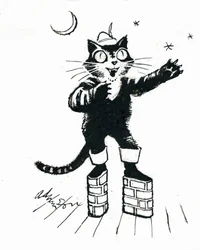 Puss in (téglafalú platform) csizma (tinta a fehér kártya feletti átlátszóságon)