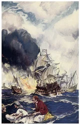 Brulot-töltet robbanóanyaggal hajót dobott Illusztráció a „Panama kalózai vagy Amerika Buccaneers” című filmjéből, George Albert Williams (1875-1932) 1914