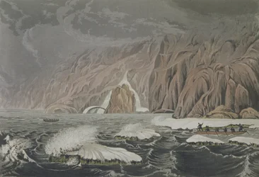 Expedíció, amely megduplázza Cape Barrow-t, 1821. július 25., Sir John Franklin (1786-1847) elbeszéléséből a Sarki-tenger partjaihoz 1819-22 között, Edward Finden (1791-1857) vésette pu.
