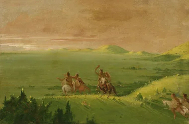Comanche háborús párt, az ellenség felfedezésének és embereinek sürgetésének vezetője napkeltekor, 1834-1835.