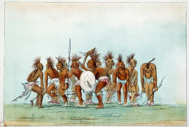 Amerika indiánjai: A Black Hawk törzs koldustáncot táncol a turistáknak. Illusztráció: George Catlin (1794-1872)