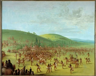 Amerika indiánjai: „” Labdajáték az indiánok között”” George Catlin (1794-1872) festménye 1835 Blerancourt, Musee Franco Amerikai – Amerikai indiánok labdajátéka. George Catlin (1794-1872) festménye