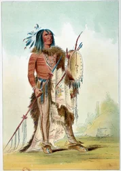 Amerikai indiánok: egy orvossá lett indián főnök portréja, aki egy tam-tamot (tam-tam) tart, amelyben a gyógyszerek vannak. George Catlin (1794-1872) illusztrációja