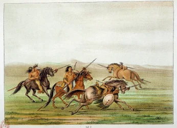 Amerika indiánjai: A harcosok parancsnokai lóháton edzenek. Illusztráció: George Catlin (1794-1872)
