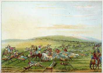 Amerika indiánjai: indiánok törzse lovakkal és kutyákkal. Illusztráció: George Catlin (1794-1872)