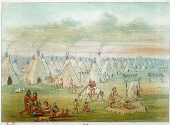 Amerika indiánjai: falusi kommancse a sátrak bölénybőrből készülnek. Illusztráció: George Catlin (1794-1872)