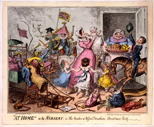 OTTHON a Bölcsődében, avagy a Mesterek és két cipő hiányzik Karácsonyi parti, 1835 (színes rézkarc)