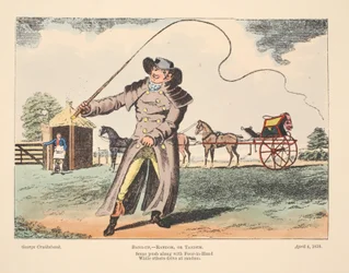 Bang-Up, Random vagy Tandem, egyesek együtt nyomják a Four In Hand-et, míg mások véletlenszerűen vezetnek, 1810 (kézzel színezett gravírozás)