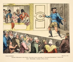 Elliston (a Surrey Színház menedzsere) „Sylvester Daggerwood” karakterében, aki a „Bonaparte” című dalt énekli, amelyet Mr Lawler írt, pub. 1811 (kézzel színezett metszet)