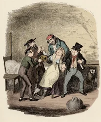 Fagin, Charley Bates, Kikes és Dawkins újraélesztése Nancy – Mr. Fagin és tanítványa újraéleszti Nancyt – Illusztráció a „” Oliver Twist”-hez” (Oliver) (Twist Oliver kalandjai), Charles Dickens (1812-1870), George Cruikshank ( 1792-1878) .