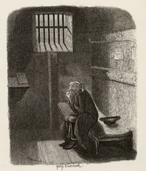 Fagin az elítélt cellában, Charles Dickens (1812-70) „The Adventures of Twist” című könyvéből, 1838, Chapman und Hall, 1901 (metszet)
