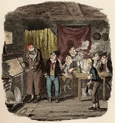 Londonban a Rókának nevezett Jack Dawkins bemutatja Olivert Faginnak és gazemberekből álló bandájának - Olivert bemutatják a tiszteletreméltó öregúrnak - Illusztráció Charles Dickens (1812-1870) „Oliver Twist” (Olivier) (Oliver Twist kalandjai) című