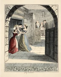 Jack Sheppard menekül a Newgate-i elítélt fogságból, illusztráció: Jack Sheppard: A romantika, William Harrison Ainsworth, pub. 1839 (kézzel színezett metszet)