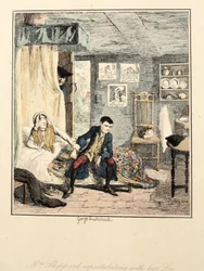 Mrs. Sheppard kiabál a fiával, illusztráció: Jack Sheppard: A romantika, William Harrison Ainsworth, megjelent 1839-ben (kézzel színes rézkarc)