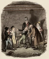 Oliver Twistot az öreg Fagin és bandája fogadja - Illusztráció Charles Dickens (1812-1870) „Oliver Twist” („Oliver Twist kalandjai”) című művéhez, George Cruikshank (1792-1878) alkotása