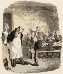 Olivert úgy tervezték, hogy extra élelmet kérjen a kisgyermekek hospice felügyelőjétől – Oliver többet kér – Illusztráció a „” Oliver Twisthez”” (Olivier) (Twist Oliver kalandjai), Charles Dickens (1812-1870), George Cruikshank (1792