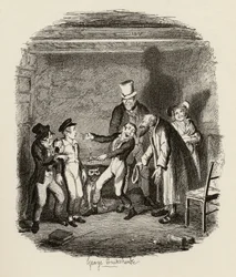 Oliver fogadása Fagin és a fiúktól, Charles Dickens (1812-70) „The Adventures of Twist” című művéből, 1838, Chapman und Hall, 1901