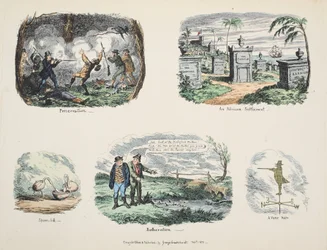 Töredékek és vázlatok: megőrzés, afrikai telep, kanálcsőrű, zavarás, lapátos ember, kocsma. 1831 (kézzel színezett metszet)