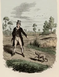 Sikes megpróbálja elhagyni a kutyáját – Illusztráció Charles Dickens (1812-1870), George Cruikshank (1792-1878) „Twist Oliver kalandjaihoz”.