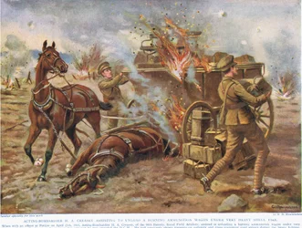 színész-bombardier H.A. Creasey segít kirakni egy égő lőszerkocsit nagyon erős lövedéktűz alatt, illusztráció a „Deeds that Thrill the Empire” című könyvből, a Hutchinson und Co., 1920 körül (colou)