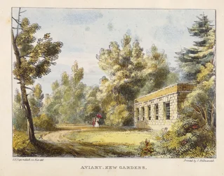 Aviary, Kew Gardens, 10. tábla a Kew Gardensből: Huszonnégy kőrajz sorozata, vésette Charles Hullmandel (1789-1850), megjelent 1820-ban (kézzel színezett litó)