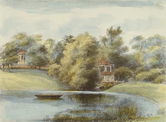 Kínai templom és Eolus temploma, Kew Gardens, 16. tábla a Kew Gardensből: Huszonnégy kőrajz sorozata, Charles Hullmandel (1789-1850) metszetében, 1820-ban megjelent (kézzel színezett litó)