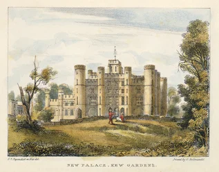 Új palota, Kew Gardens, 1. tábla a Kew Gardensből: Huszonnégy kőrajz sorozata, Charles Hullmandel (1789-1850) metszete, 1820-ban megjelent (kézzel színezett litó)