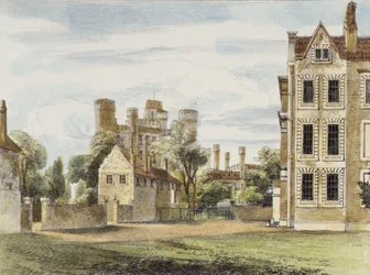 Új palota, a Queens Gardenből, 4. tábla a Kew Gardensből: Huszonnégy kőrajz sorozat, Charles Hullmandel (1789-1850) metszete, 1820-ban megjelent (kézzel színezett litó)