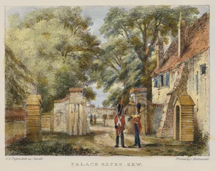 Palace Gates, Kew, 3. tábla a Kew Gardensből: Huszonnégy kőrajz sorozata, Charles Hullmandel (1789-1850) metszetében, 1820-ban megjelent (kézzel színezett litó)
