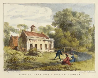 A Kew-palota maradványai a Gardensből, 6. tábla a Kew Gardensből: Huszonnégy kőrajzsorozat, Charles Hullmandel (1789-1850) metszetében, 1820-ban megjelent (kézzel színezett litó)
