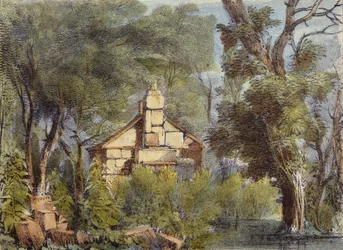 Stone House, Richmond Gardens, 23. tábla a Kew Gardensből: Huszonnégy kőrajz sorozata, Charles Hullmandel (1789-1850) metszetében, 1820-ban megjelent (kézzel színezett litó)