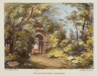 The Ruins, Kew Gardens, Kew Gardens: A Series of Twenty-4 Drawings on Stone, metszett: Charles Hullmandel (1789-1850) 15. tábla Kew Gardensből, 1820-ban (kézzel színezett litó)