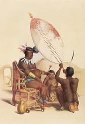Mpande, a zulu király, körülvéve harcosai által