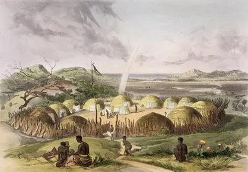 Zulu Kraal Umlazi közelében, Natal, 27. lemez a „The Kafirs Illustrated”-ből, 1849