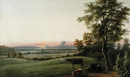 Napkelte – Flatbush és az óceán a Greenwood temetőből, Long Island, New York, 1830-40 körül (akvarell, gouache és grafit papíron)